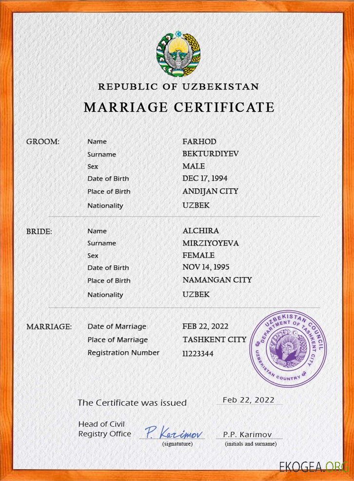 Modèle PSD de certificat de mariage en Ouzbékistan